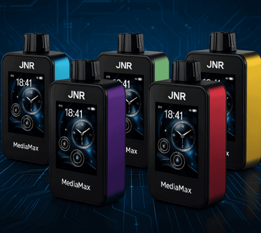 Five JNR Media Max 40000 puff vapes in different colours, displayed in a high-tech digital background with one vape removed from the set for a sleek, modern look