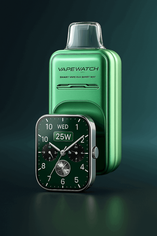  JNR Vape Watch 30000 Puffs in metallic green, featuring a detachable smartwatch-style touchscreen display, placed against a modern, stylish background.