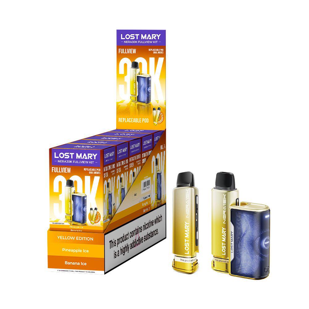Lost Mary Nera 30k Fullview refilled pod kit UK , with Yellow Colour and Pineapple Ice Flavours.
