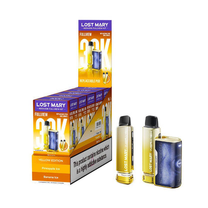Lost Mary Nera 30k Fullview refilled pod kit UK , with Yellow Colour and Pineapple Ice Flavours.