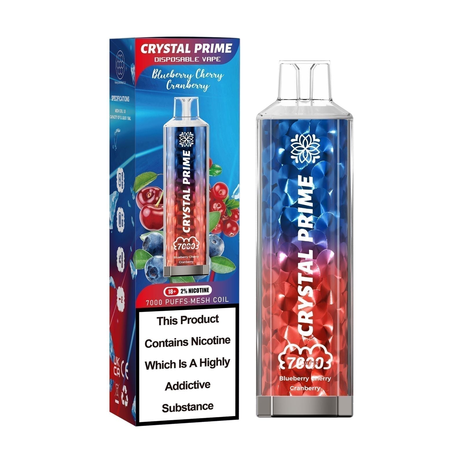 Crystal Prime 7000 puffs Disposable Vape in UK, with Red and Blue Colour and  BlueBerry Cherry CranBerry Flavour.