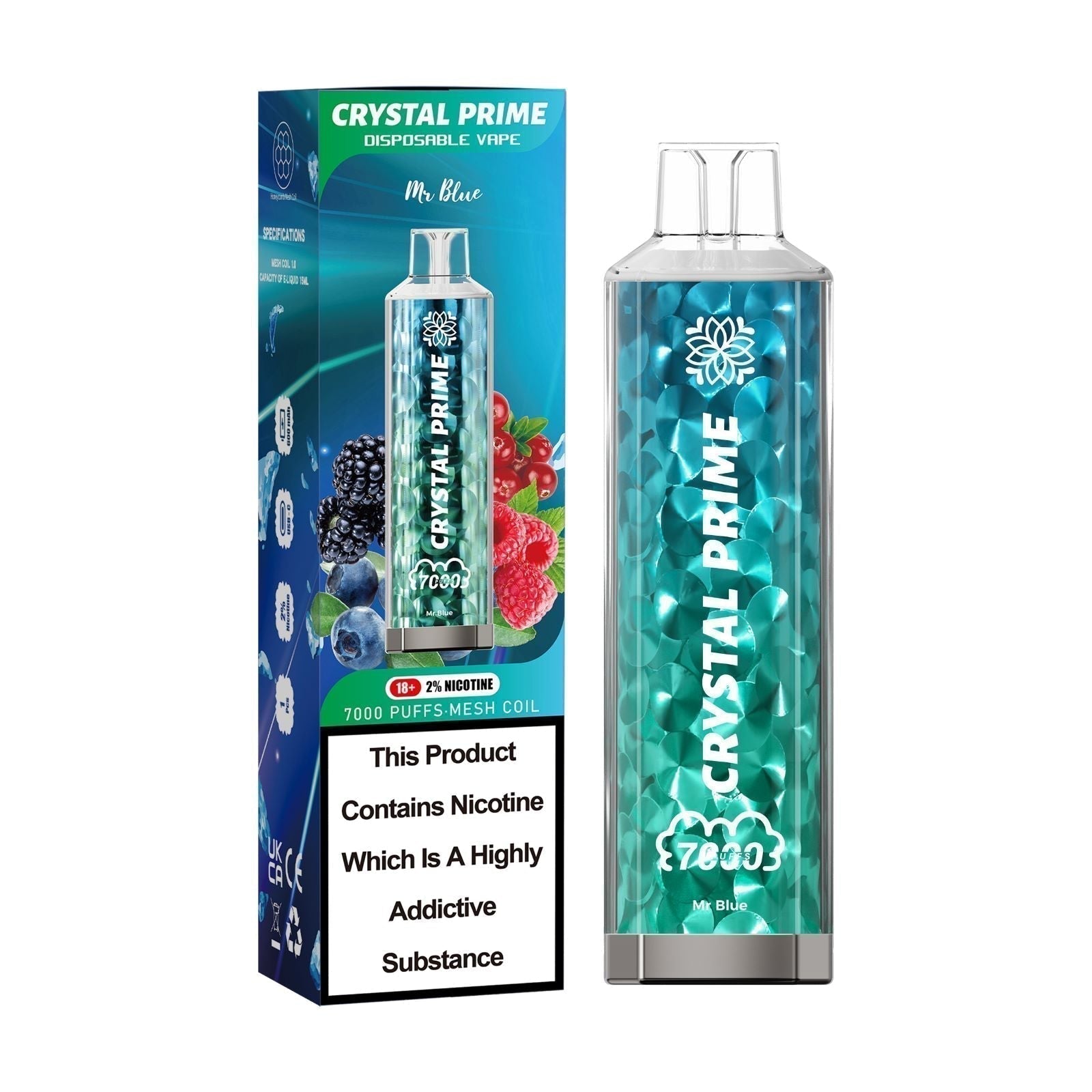 Crystal Prime 7000 puffs Disposable Vape in UK, with Blue and Green Colour and  MR Blue Flavour.