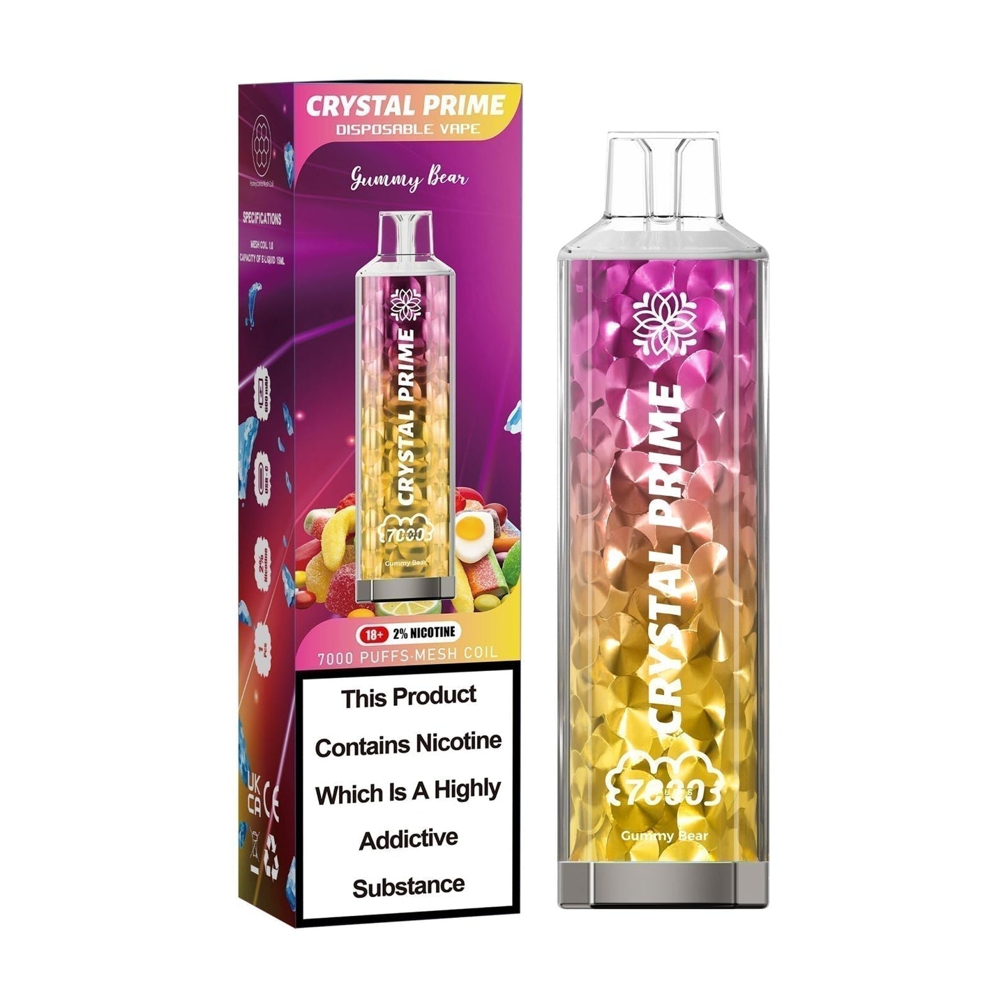 Crystal Prime 7000 puffs Disposable Vape in UK, with Yellow and pink  Colour and  Gummy Bear  Flavour.