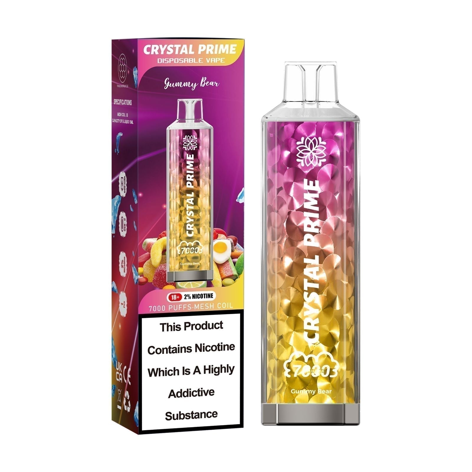 Crystal Prime 7000 puffs Disposable Vape in UK, with Yellow and pink  Colour and  Gummy Bear  Flavour.