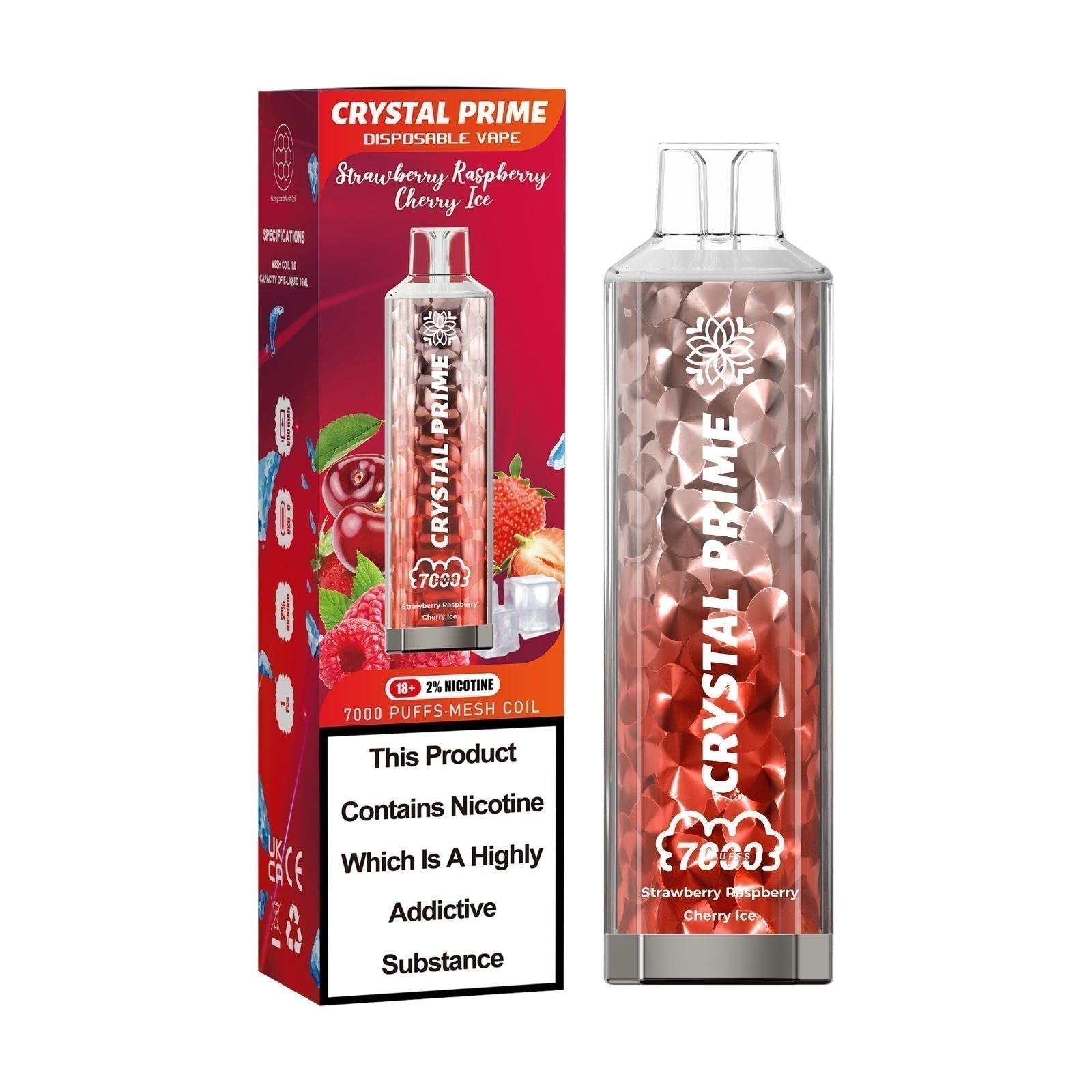 Crystal Prime 7000 puffs Disposable Vape in UK, with Red and Brown  Colour and  Strawberry RaspBerry Chery ice Flavour.