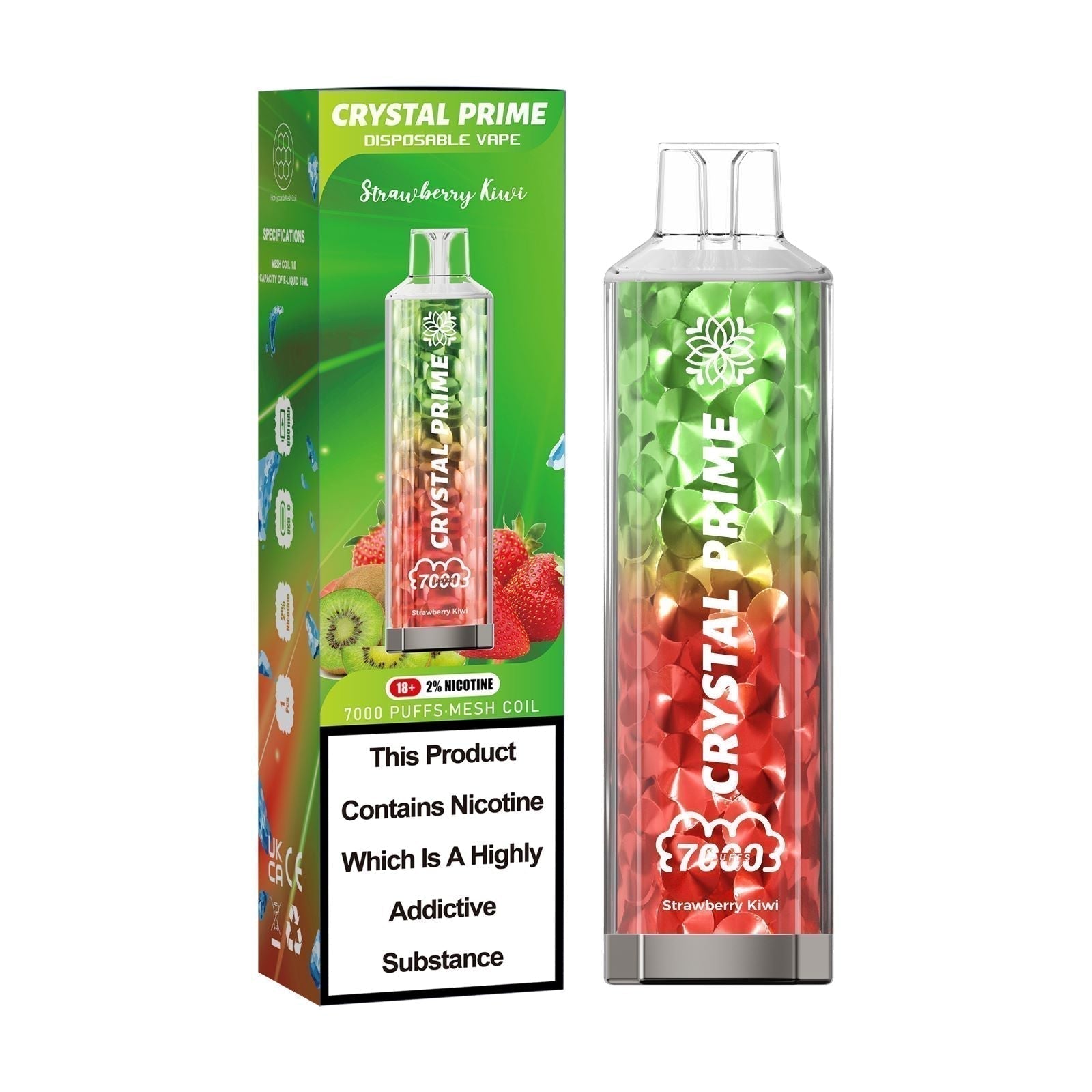 Crystal Prime 7000 puffs Disposable Vape in UK, with Red and Green Colour and  Strawberry Kiwi Flavour.