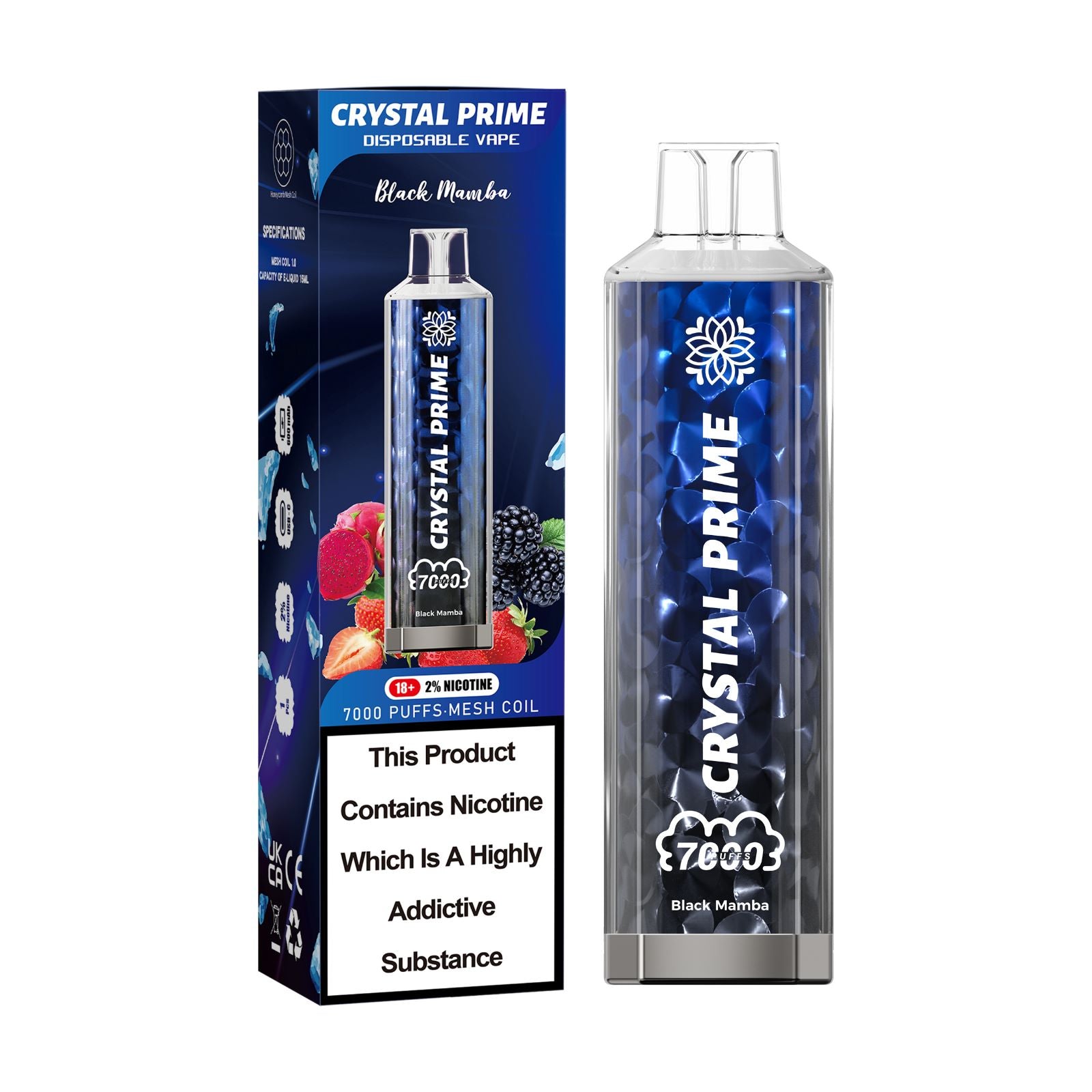 Crystal Prime 7000 puffs Disposable Vape in UK, with Blue and black Colour and  Black Mamba Flavour.