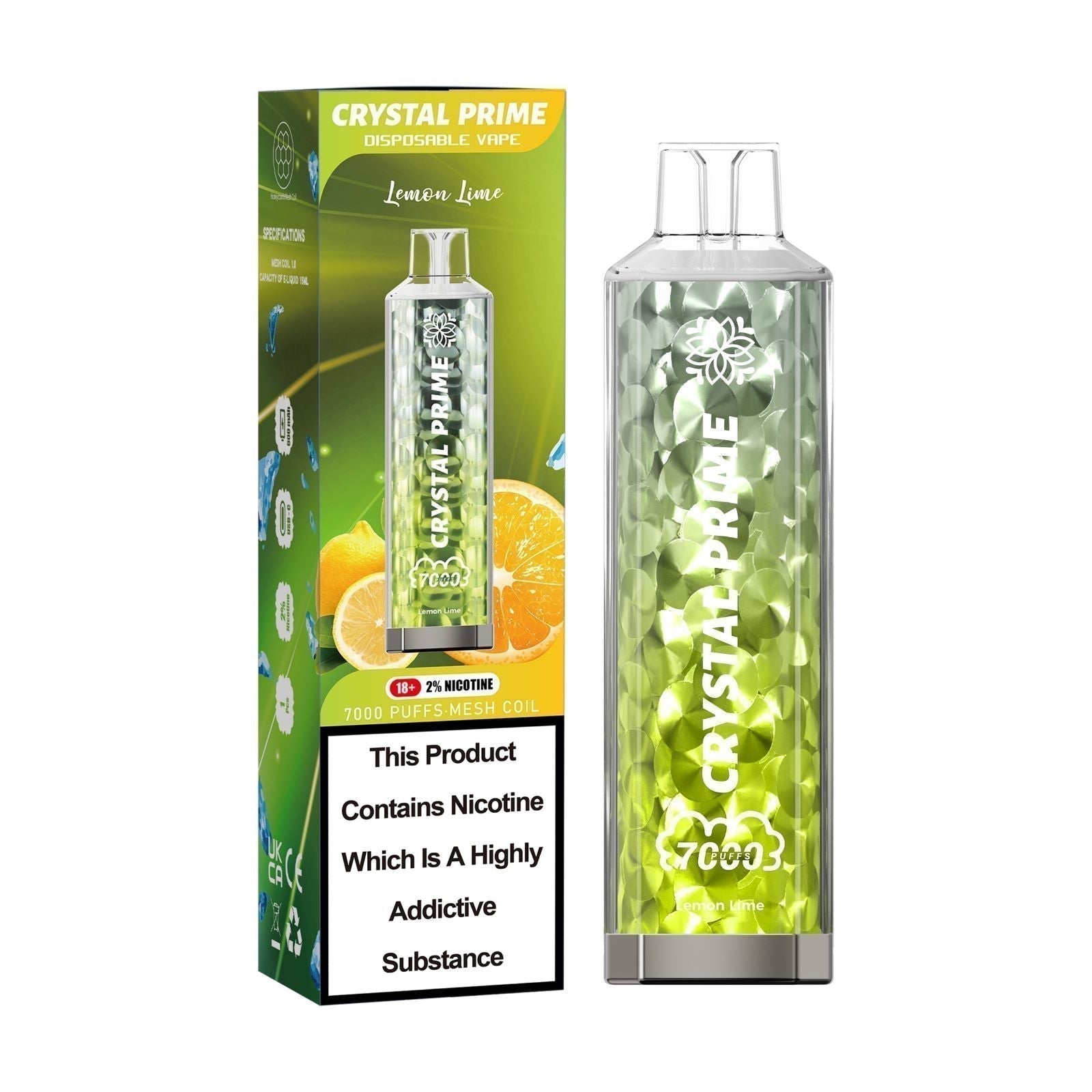 Crystal Prime 7000 puffs Disposable Vape in UK, with White and Yellow Colour and Lemon Lime Flavour.