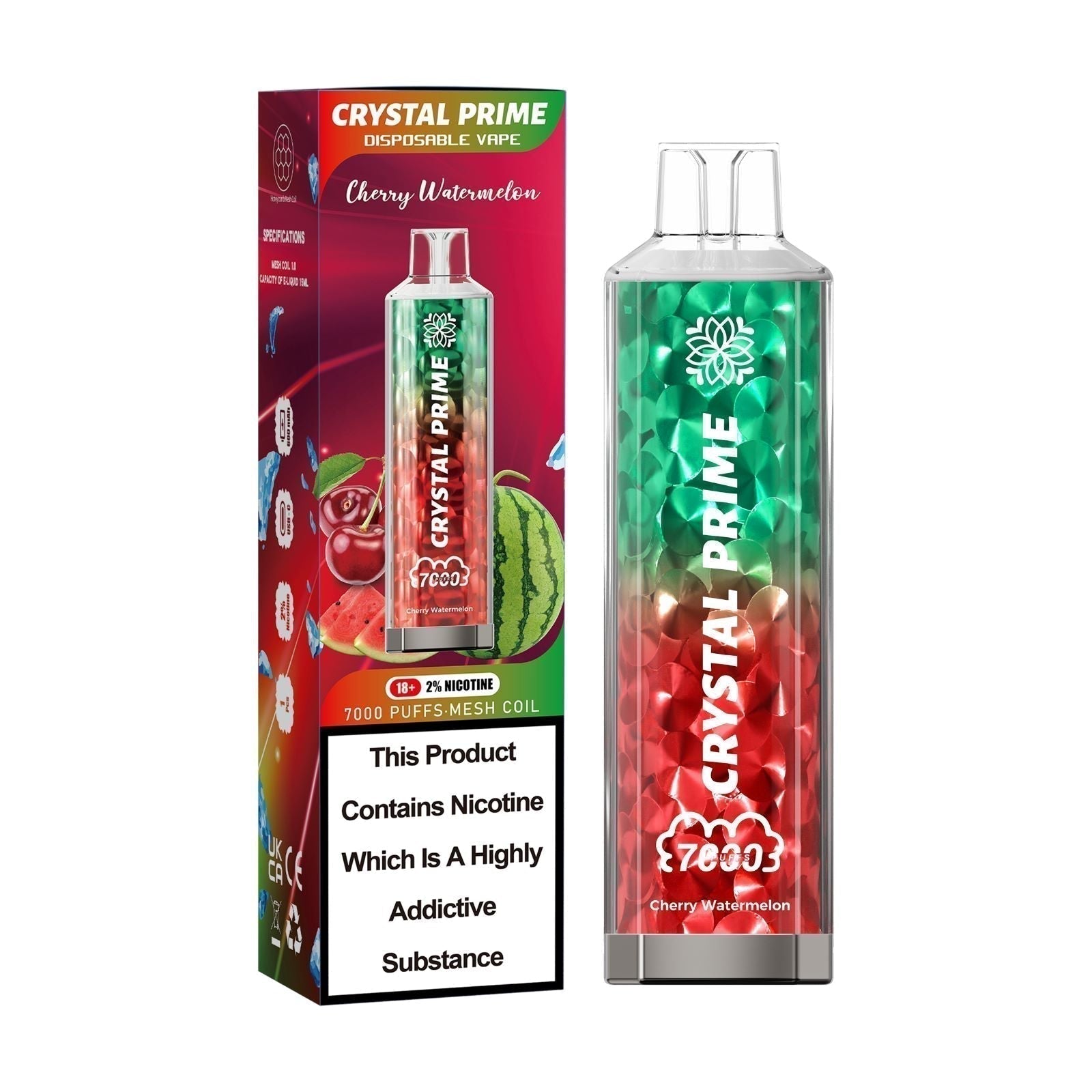 Crystal Prime 7000 puffs Disposable Vape in UK, with Red and Green Colour and Chery Watermelon Flavour.