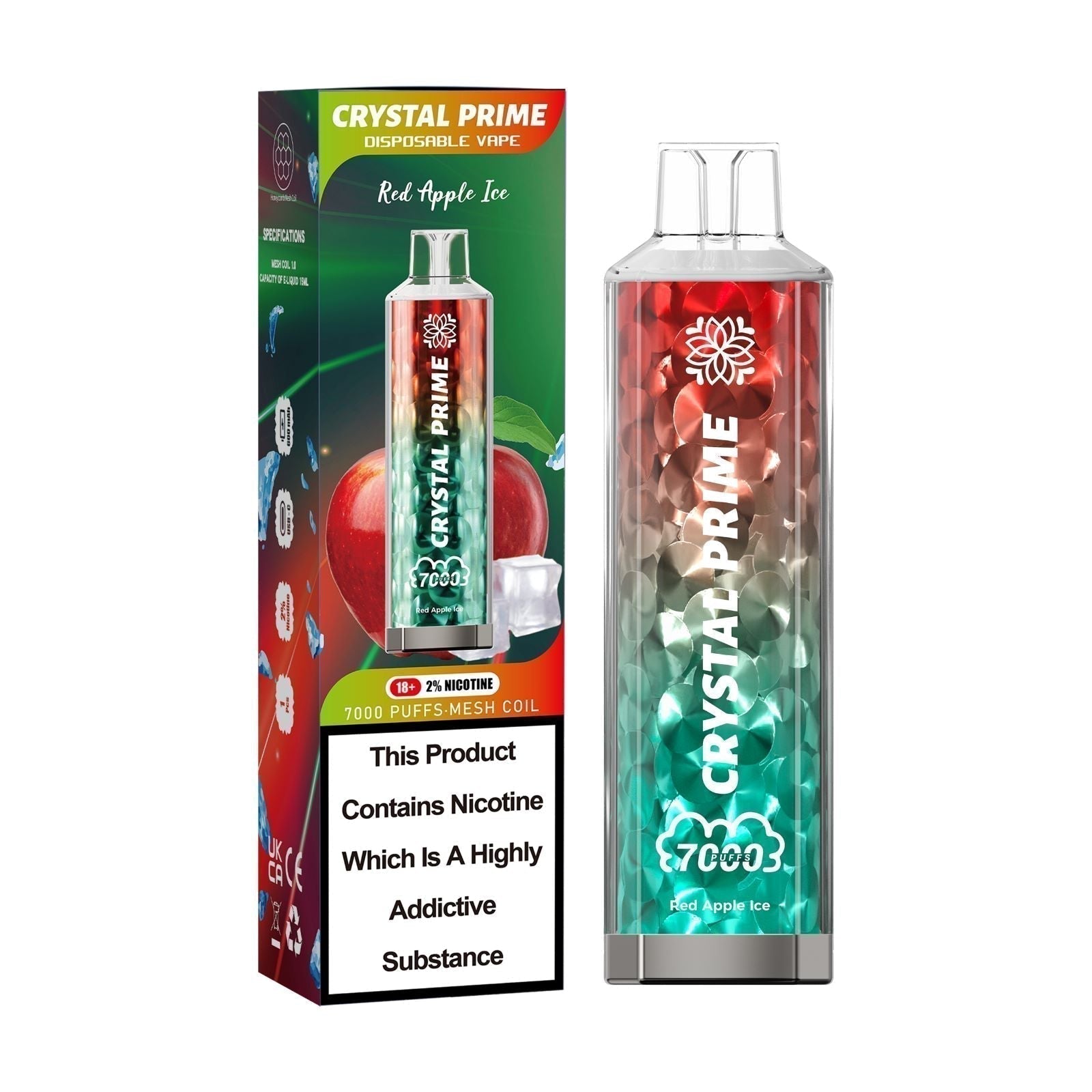 Crystal Prime 7000 puffs Disposable Vape in UK, with Red and Green Colour and  Red apple Ice Flavour.