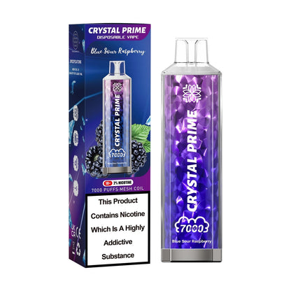 Crystal Prime 7000 puffs Disposable Vape in UK, with Purple and Blue Colour and  Blue Sour RaspBerry Flavour.