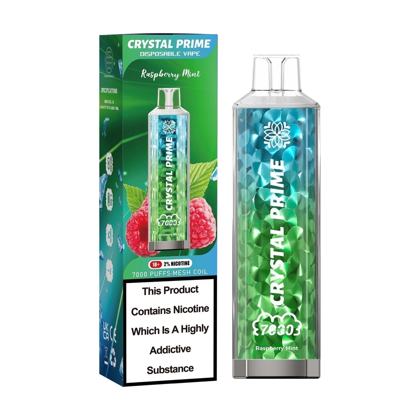 Crystal Prime 7000 puffs Disposable Vape in UK, with Blue and Green Colour and RaspBerry Mint Flavour.