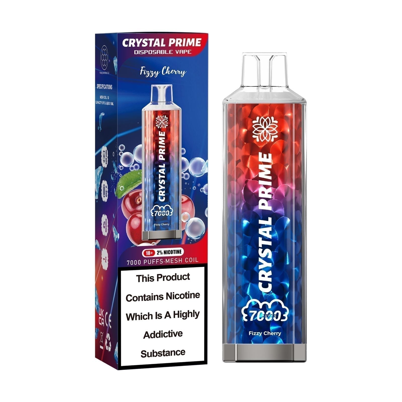 Crystal Prime 7000 puffs Disposable Vape in UK, with Red and Blue Colour and  Fizzy Cherry  Flavour.