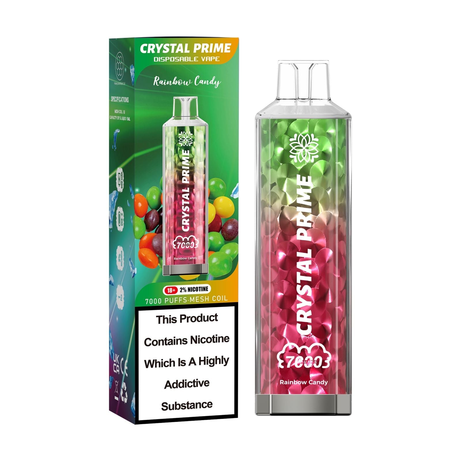 Crystal Prime 7000 puffs Disposable Vape in UK, with Red and Green Colour and  Rainbow Candy Flavour.