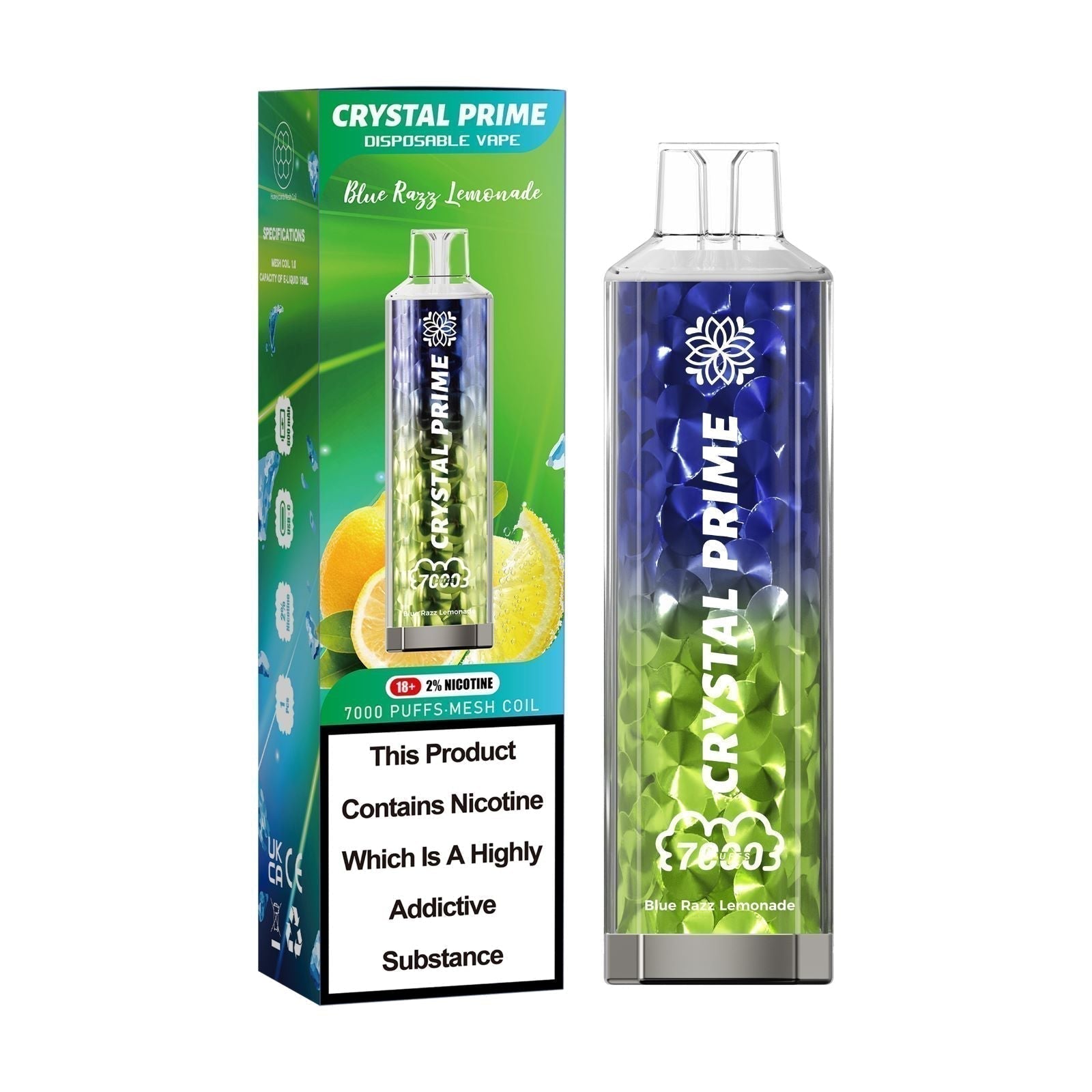 Crystal Prime 7000 puffs Disposable Vape in UK, with Blue and Green Colour and  Blue Razz Lemonade Flavour.