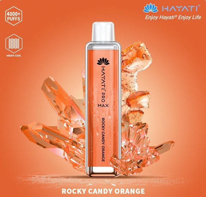 A colorful Hayati  pro max 4000 puffs bottle of  Rocky Candy orange flavour .