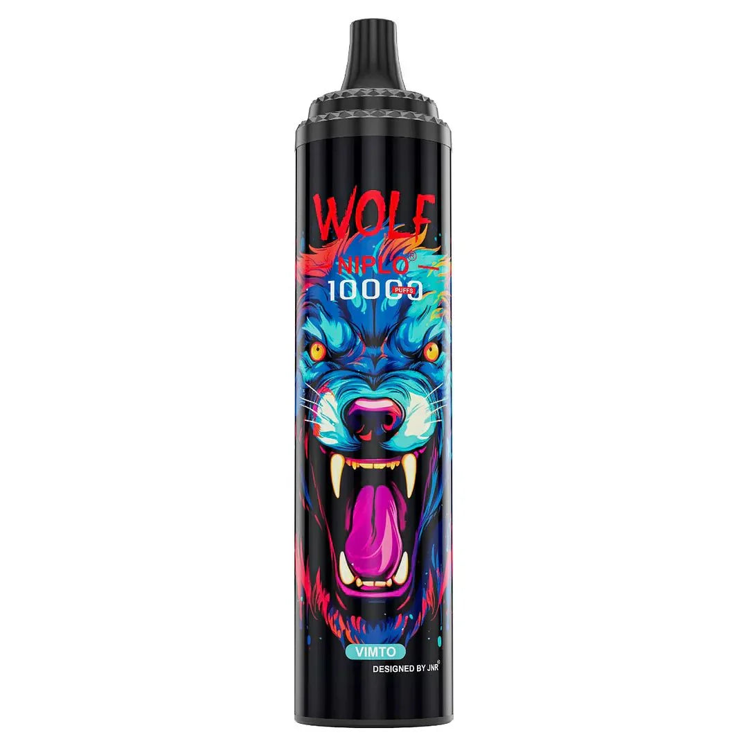 JNR Wolf niplo 10000 puffs disposable vape UK, with Black colour having Vimto flavour.
