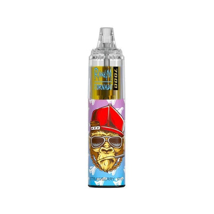  A bottle of RandM Tornado7000 e-liquid featuring  Strawberry Flavour , colorful cartoon character, designed for 7000 puffs of vaping enjoyment.